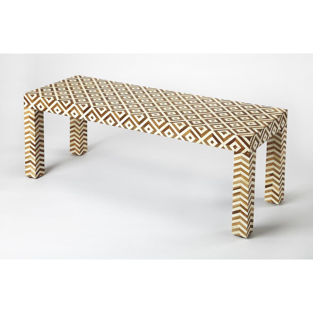 Crispin Wood & Bone Inlay 48"W Bench, Light Brown. Picture 1