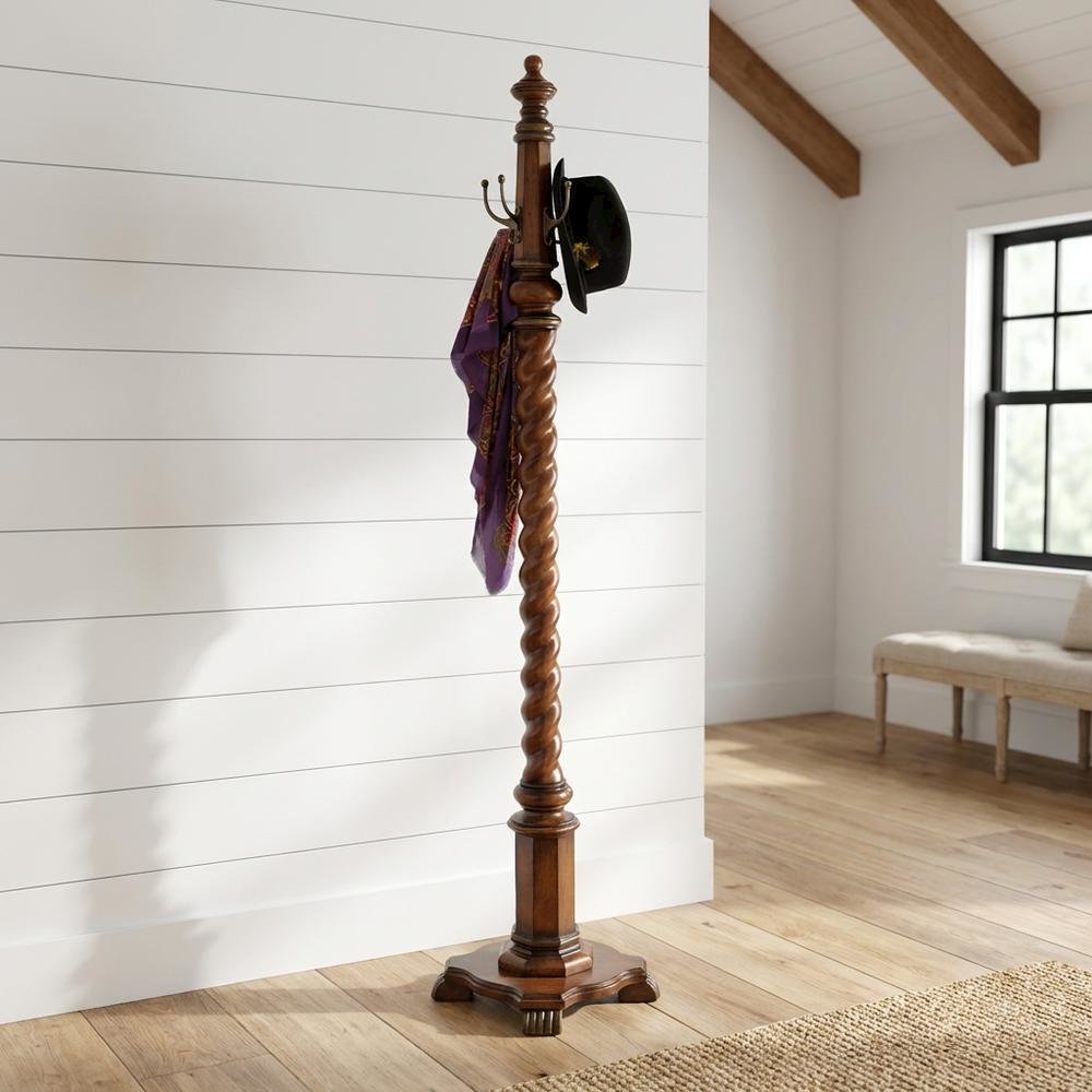 Traditional Wood Hall Tree Coat Rack Floor Stand with Hooks for Entryway, Cherry. Picture 2