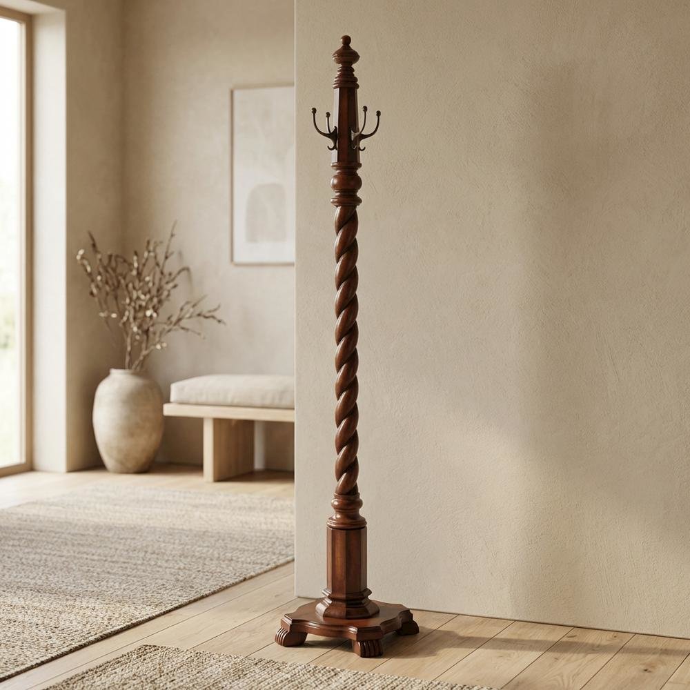 Traditional Wood Hall Tree Coat Rack Floor Stand with Hooks for Entryway, Cherry. Picture 3