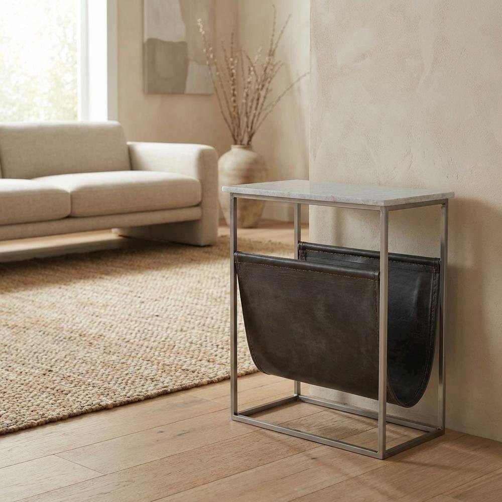 Modern Magazine Table with Marble Top, Metal Accent Side Table for Living Room. Picture 3