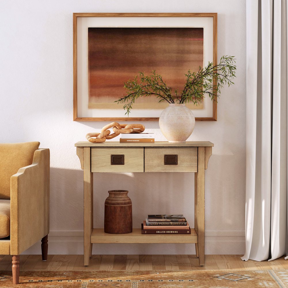 36 in. W Rectangular Wood 2 Drawer Console Table with Lower Open Shelf, Beige. Picture 2