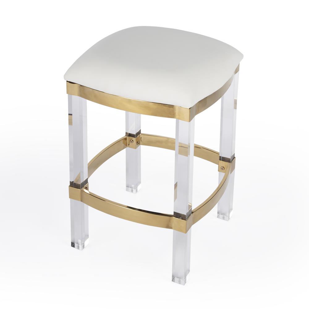 Jordan Acrylic & Polished Brass 24" Counter Stool, White. Picture 1