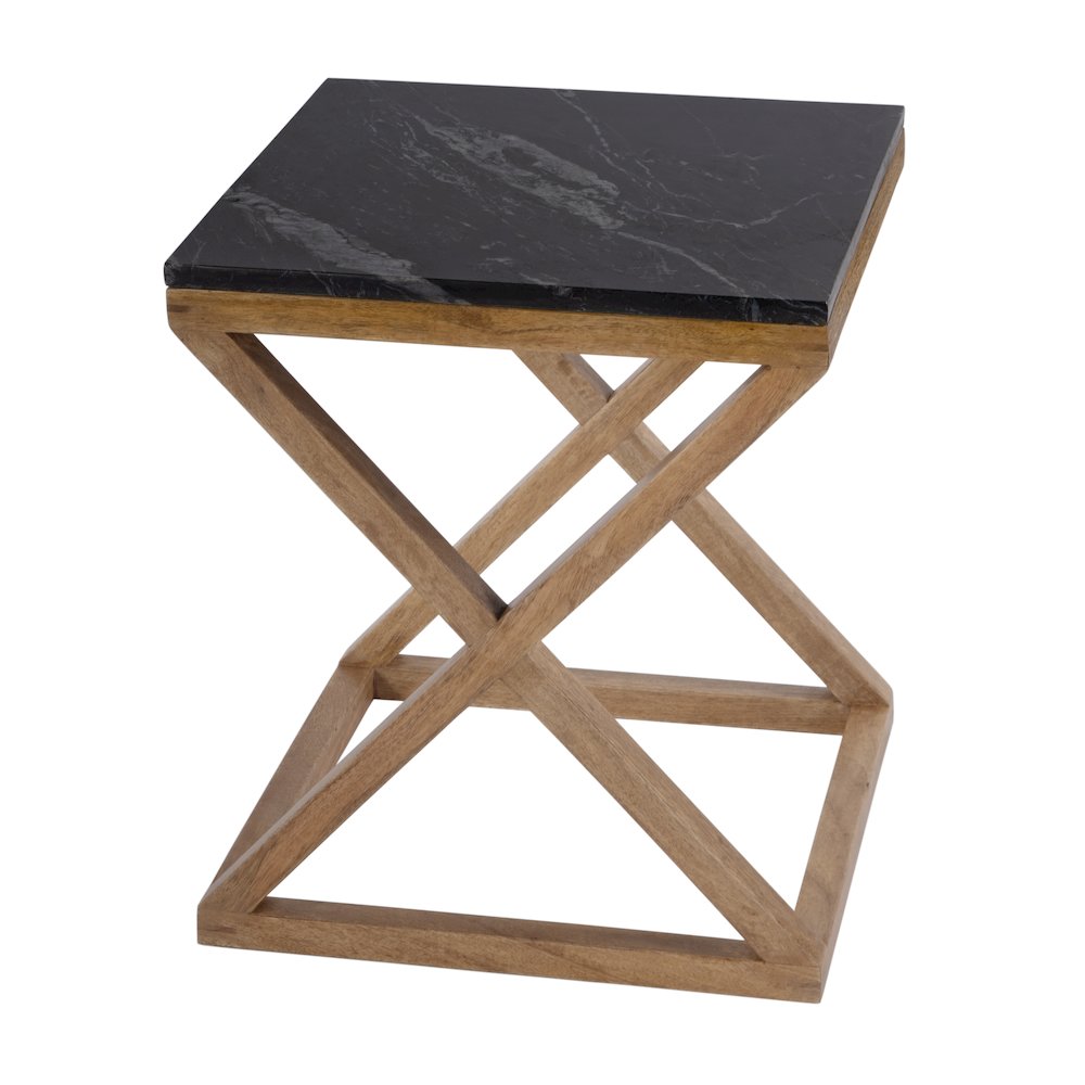 Braylon 17.75 in. W Square Marble & Wood X Base End Table, Black. Picture 3