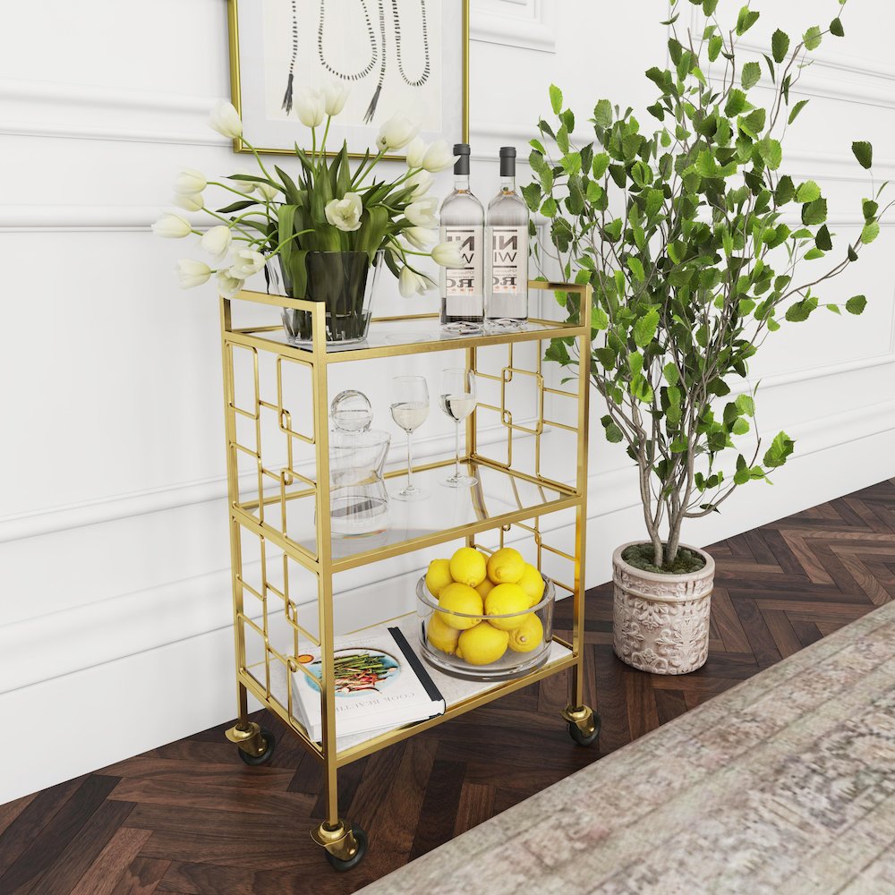 Arcadia Polished Bar Cart, Gold. Picture 2