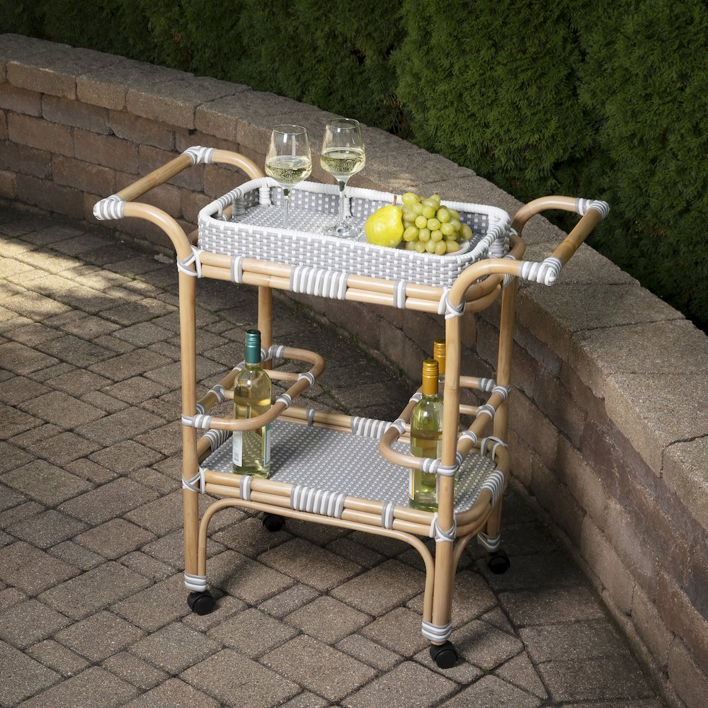 Selena Grey & Rattan Bar Cart, Gray and White, Natural. Picture 9