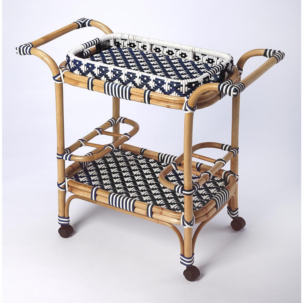 Selena & Rattan Bar Cart, Blue. Picture 1