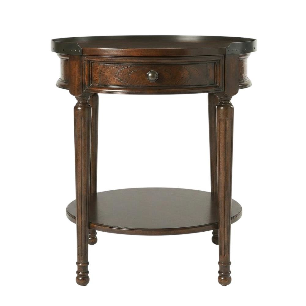Round Side Table with Drawer, Transitional Accent End Table, Cherry. Picture 1