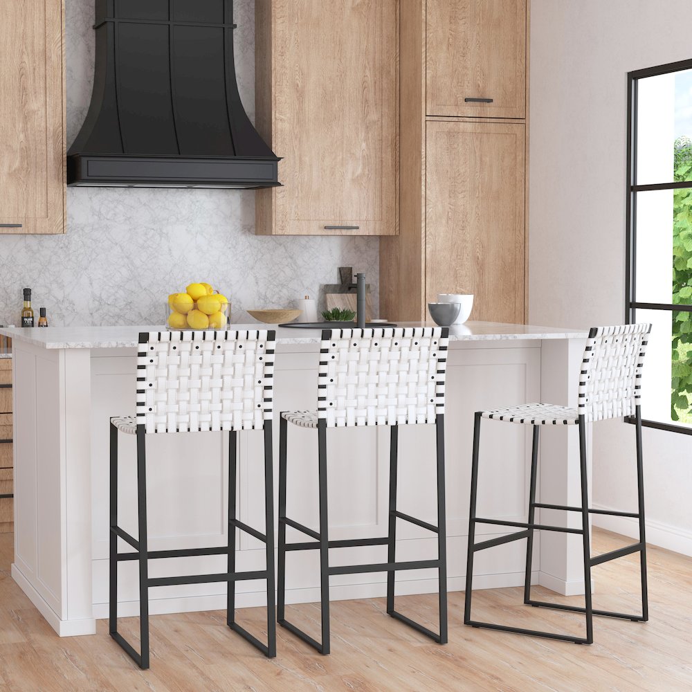 Urban Woven Leather Rectangular  28" Barstool, White. Picture 7