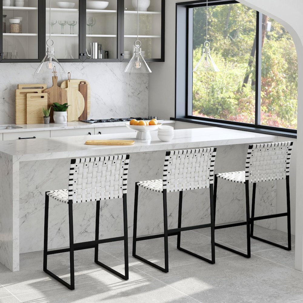 Urban Woven Leather 25" Counter Stool, Black and White. Picture 3