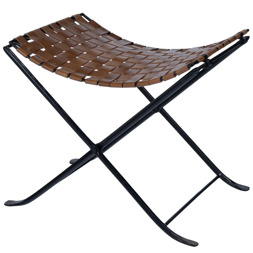 Karma Woven Leather Stool, Medium Brown. Picture 1