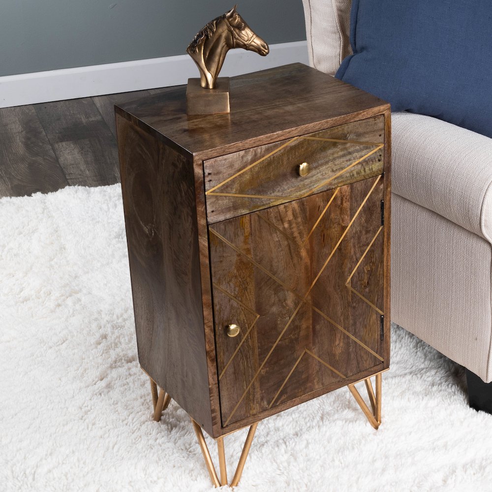 Alda Wood & Brass Metal Inlay Cabinet, Medium Brown. Picture 2