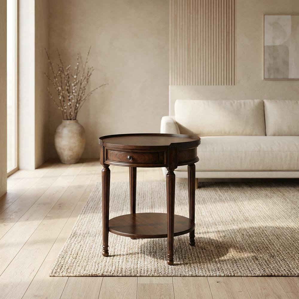 Round Side Table with Drawer, Transitional Accent End Table, Cherry. Picture 3