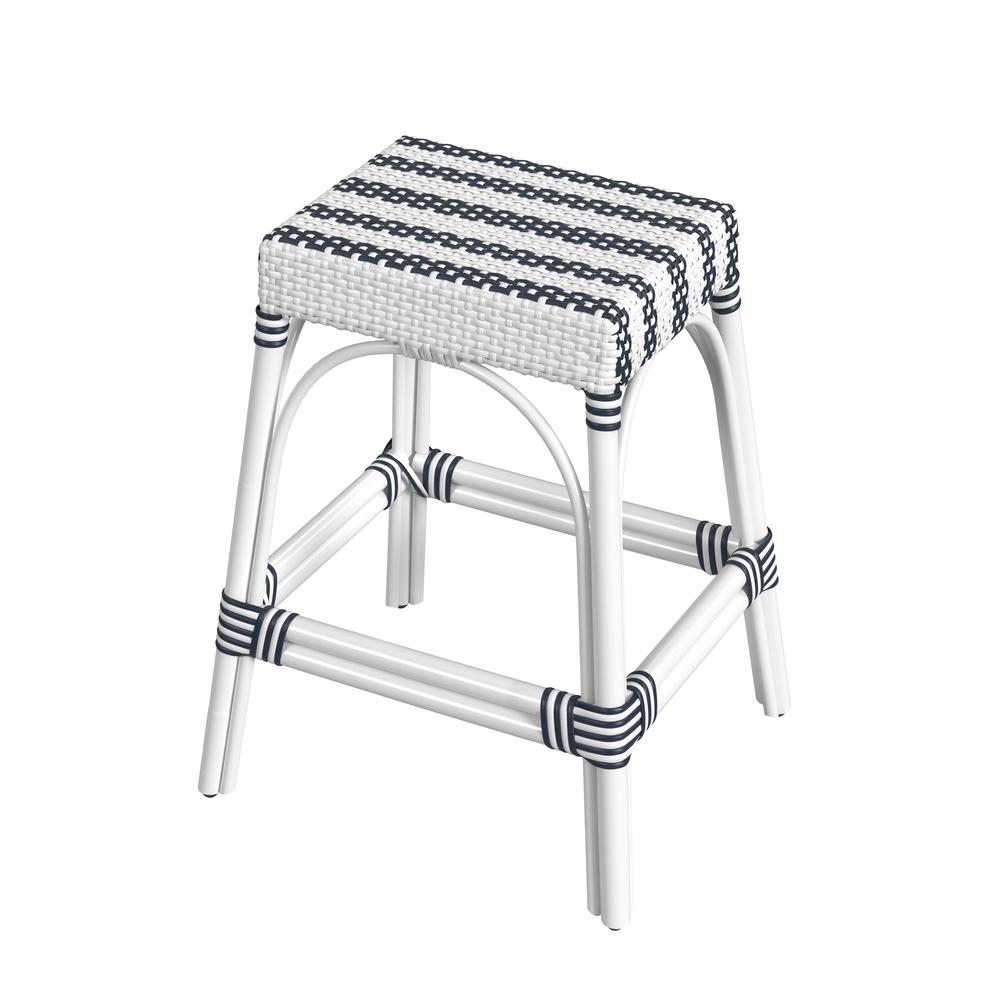 Robias Rectangular Rattan 24.5" Counter Stool, White and Navy Stripe. Picture 1