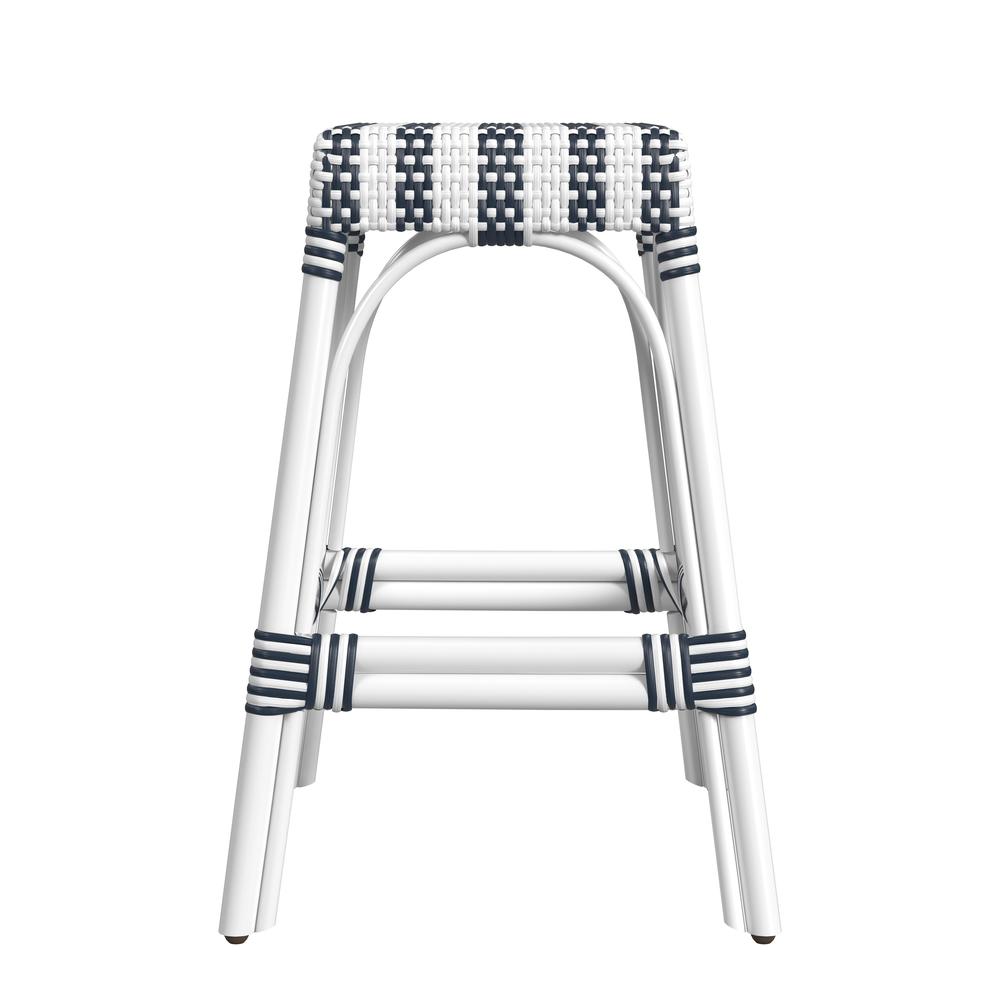Robias Rectangular Rattan 24.5" Counter Stool, White and Navy Stripe. Picture 2