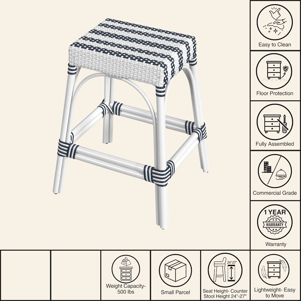 Robias Rectangular Rattan 24.5" Counter Stool, White and Navy Stripe. Picture 6