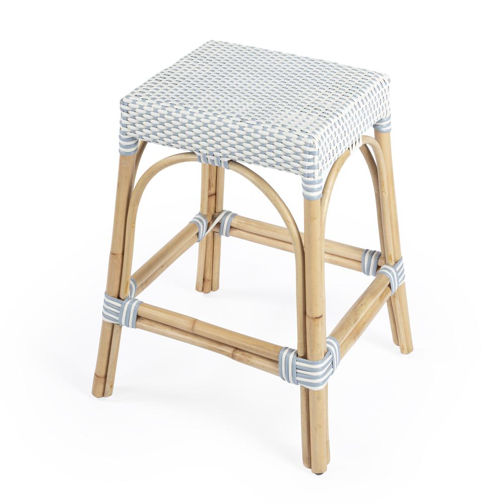 Robias Rectangular Rattan 24.5" Counter Stool, White and Sky Blue Dot. Picture 1