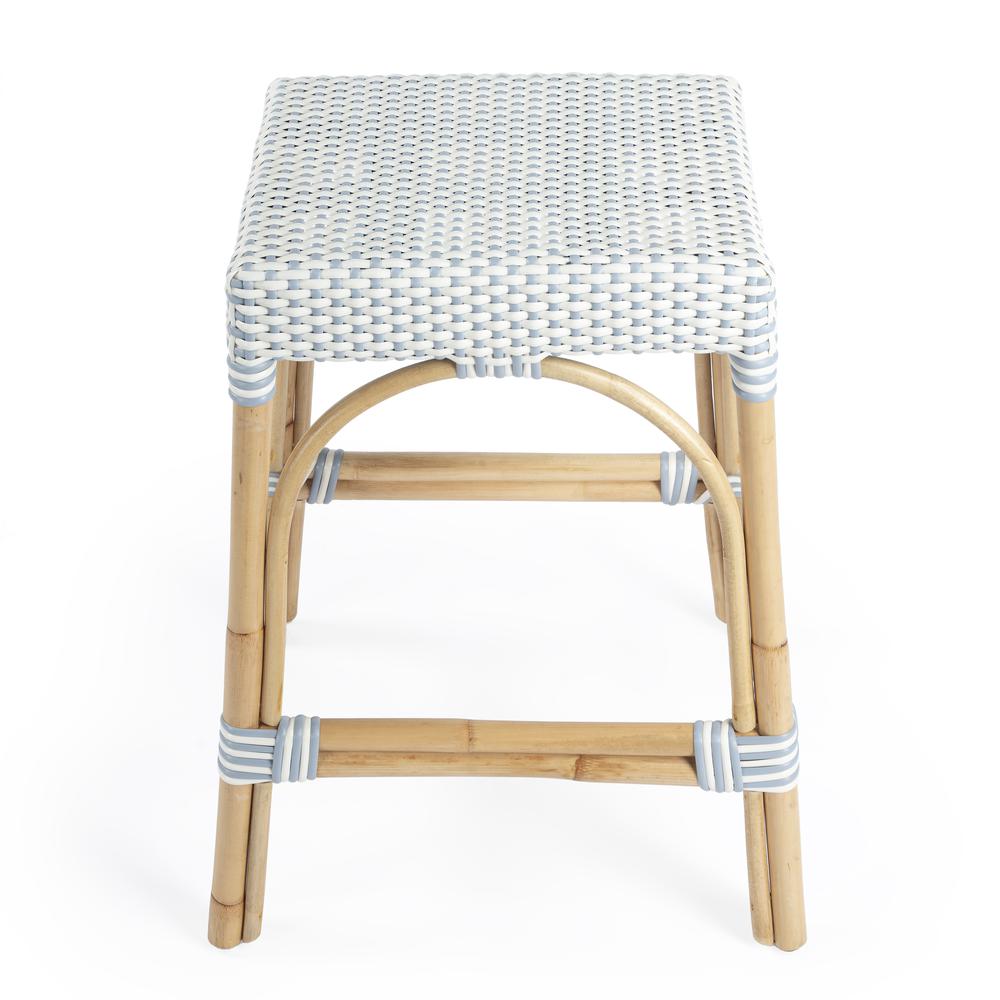 Robias Rectangular Rattan 24.5" Counter Stool, White and Sky Blue Dot. Picture 2