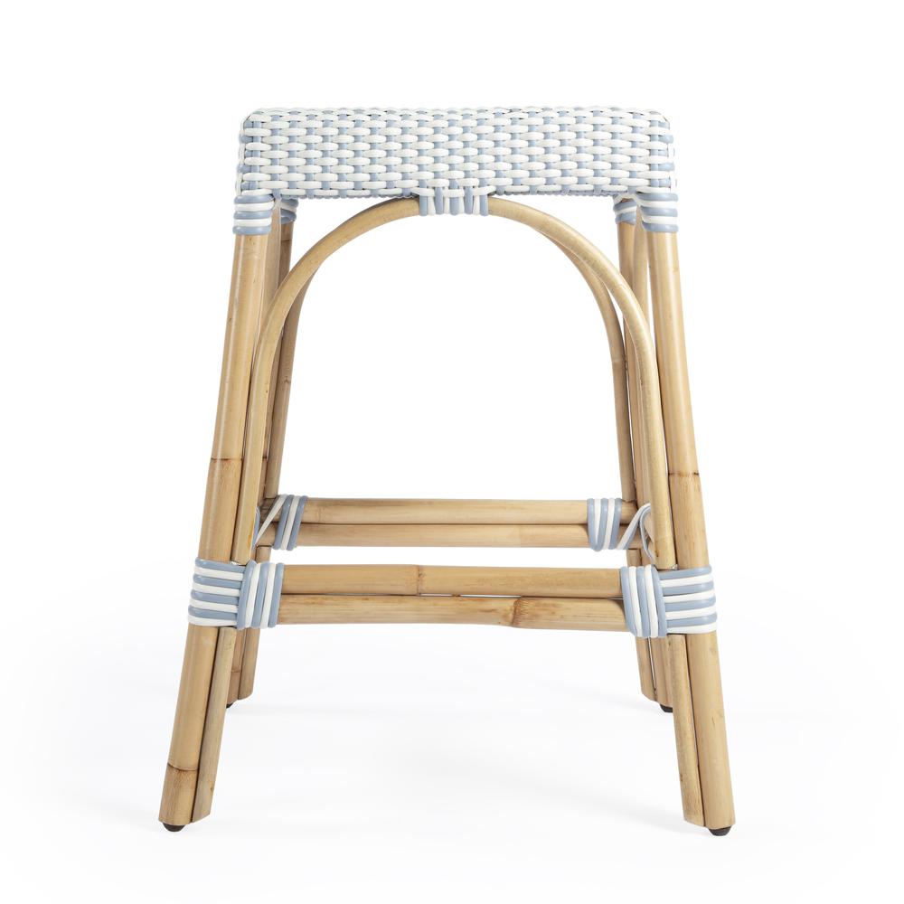 Robias Rectangular Rattan 24.5" Counter Stool, White and Sky Blue Dot. Picture 3