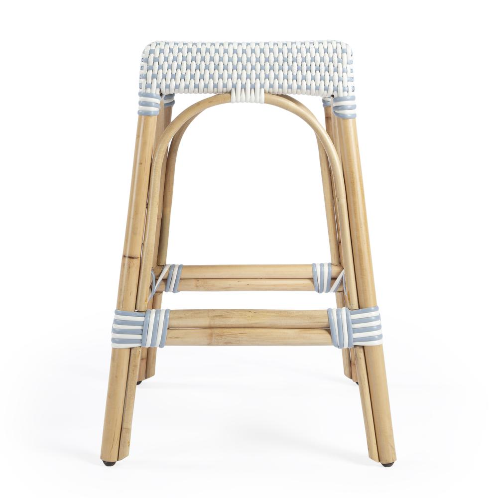 Robias Rectangular Rattan 24.5" Counter Stool, White and Sky Blue Dot. Picture 4