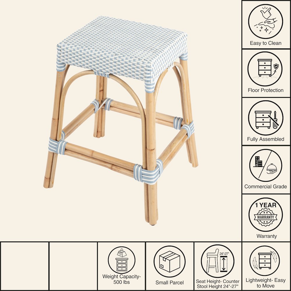 Robias Rectangular Rattan 24.5" Counter Stool, White and Sky Blue Dot. Picture 9