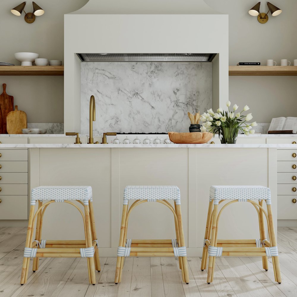 Robias Rectangular Rattan 24.5" Counter Stool, White and Sky Blue Dot. Picture 8