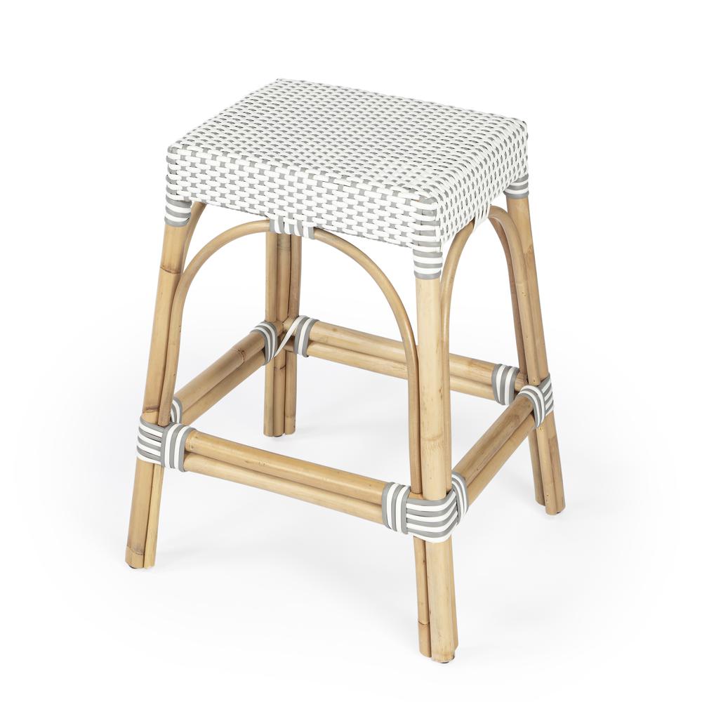 Robias Rectangular Rattan 24.5" Counter Stool, Gray and White Dot. Picture 1