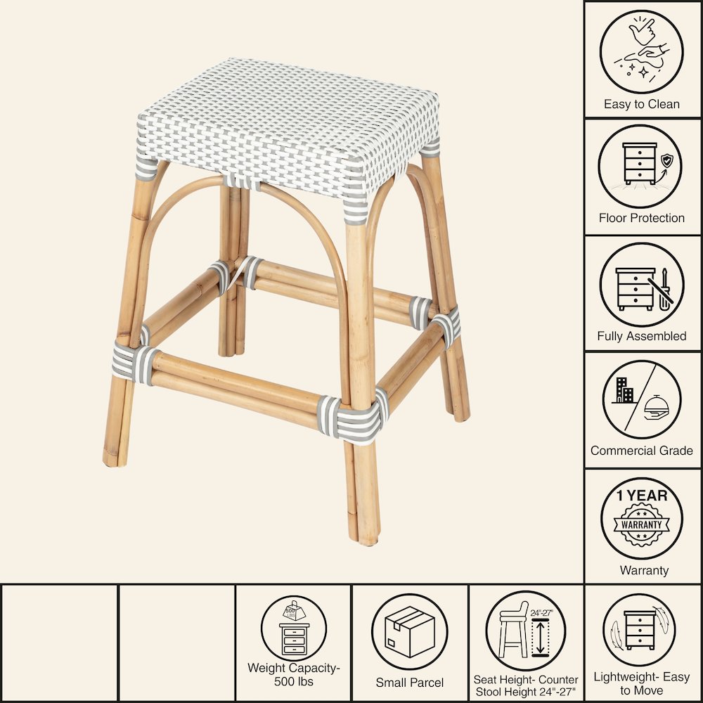 Robias Rectangular Rattan 24.5" Counter Stool, Gray and White Dot. Picture 9