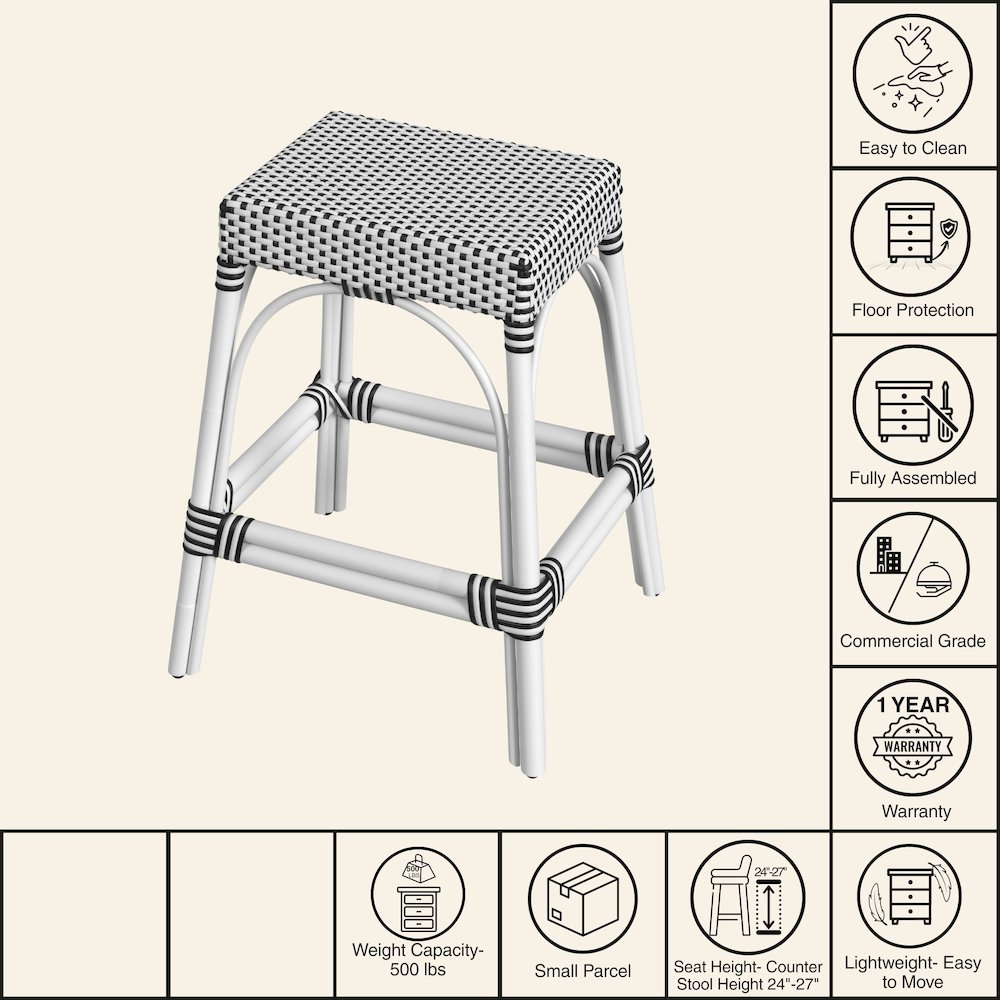 Robias Rectangular Rattan 24.5" Counter Stool, White and Black Dot. Picture 7
