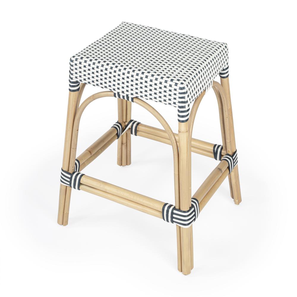 Robias Rectangular Rattan 24.5" Counter Stool, White and Navy Stripe. Picture 1