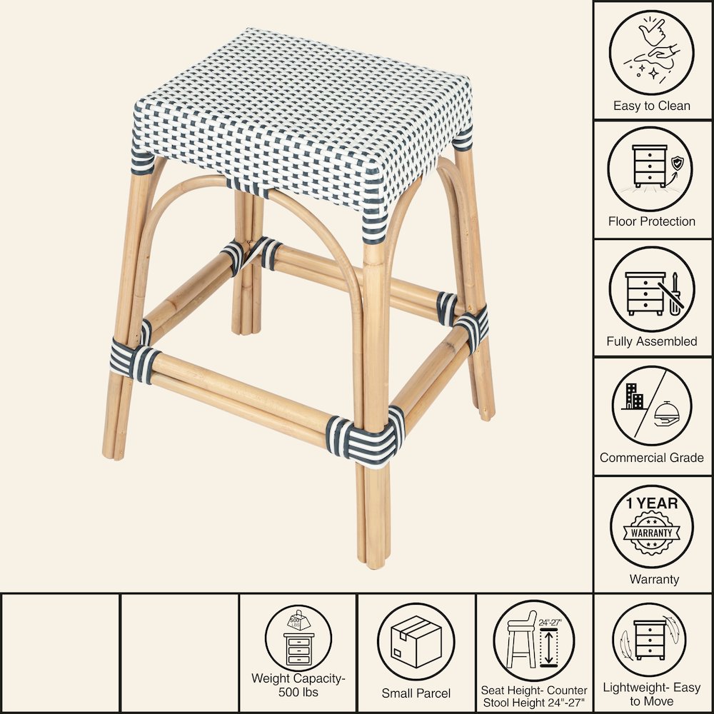 Robias Rectangular Rattan 24.5" Counter Stool, White and Navy Stripe. Picture 9