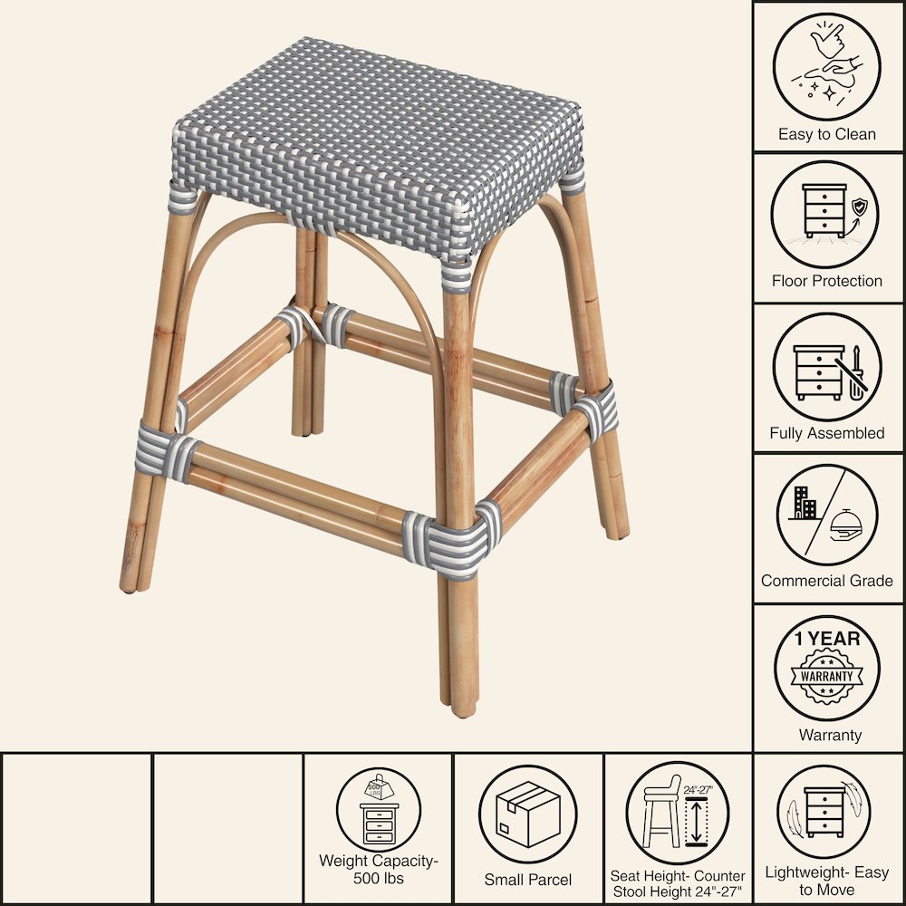 Robias Rectangular Rattan 24.5" Counter Stool, White and Gray Dot. Picture 7