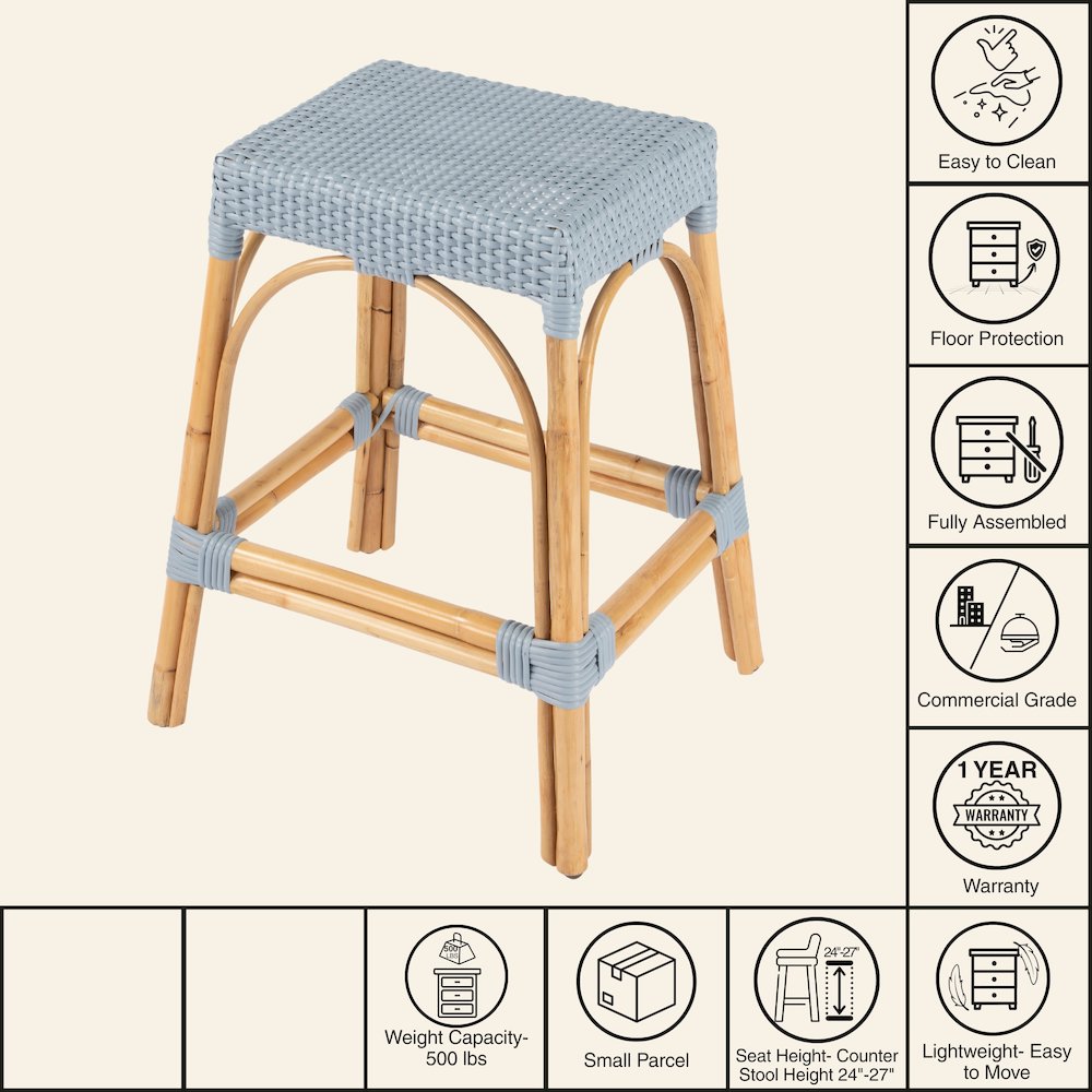 Robias Rectangular Rattan 24.5" Counter Stool, Baby Blue. Picture 9