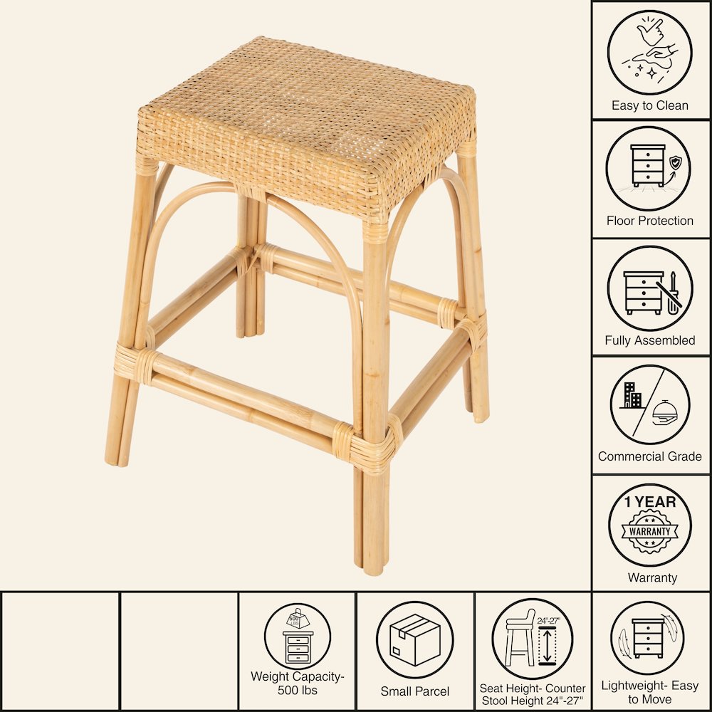 Robias Rectangular Rattan 24.5" Counter Stool, Natural. Picture 10