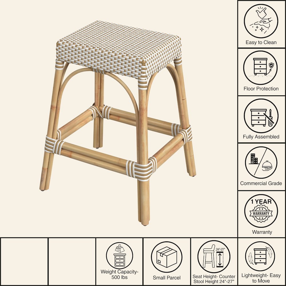 Robias Rectangular Rattan 24.5" Counter Stool, White and Tan Dot. Picture 7
