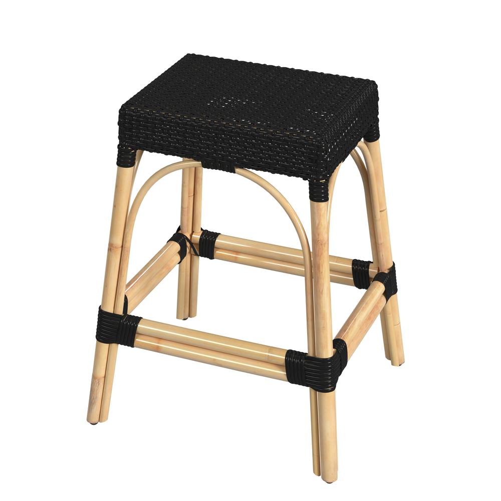 Robias Rectangular Rattan 24.5" Counter Stool, Black. Picture 1