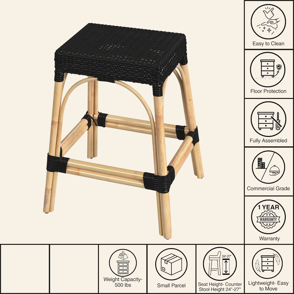 Robias Rectangular Rattan 24.5" Counter Stool, Black. Picture 7