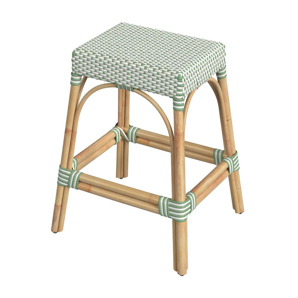 Robias Rectangular Rattan 24.5" Counter Stool, White and Green Dot. Picture 1