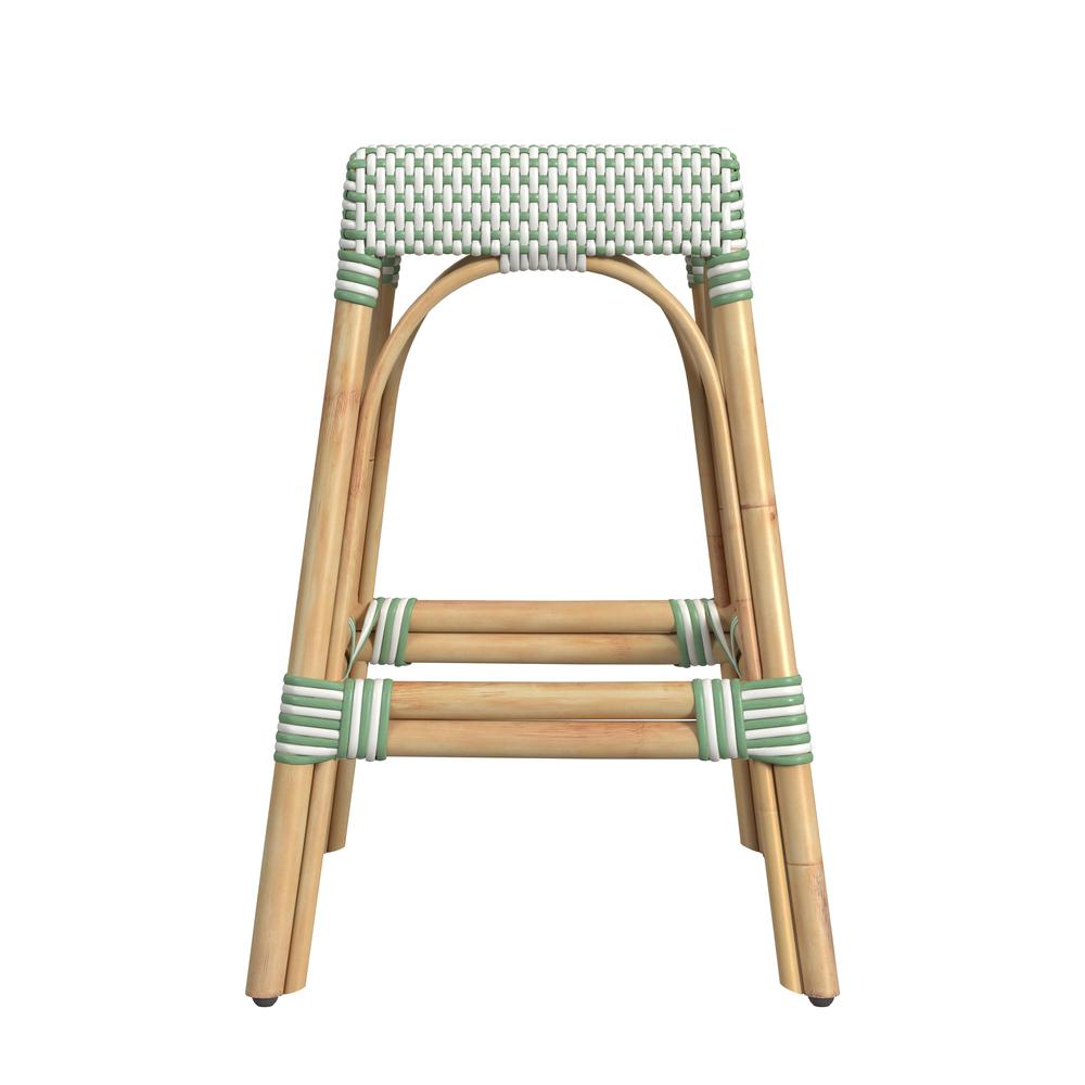 Robias Rectangular Rattan 24.5" Counter Stool, White and Green Dot. Picture 3