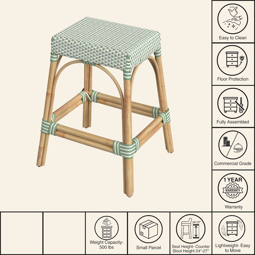 Robias Rectangular Rattan 24.5" Counter Stool, White and Green Dot. Picture 7