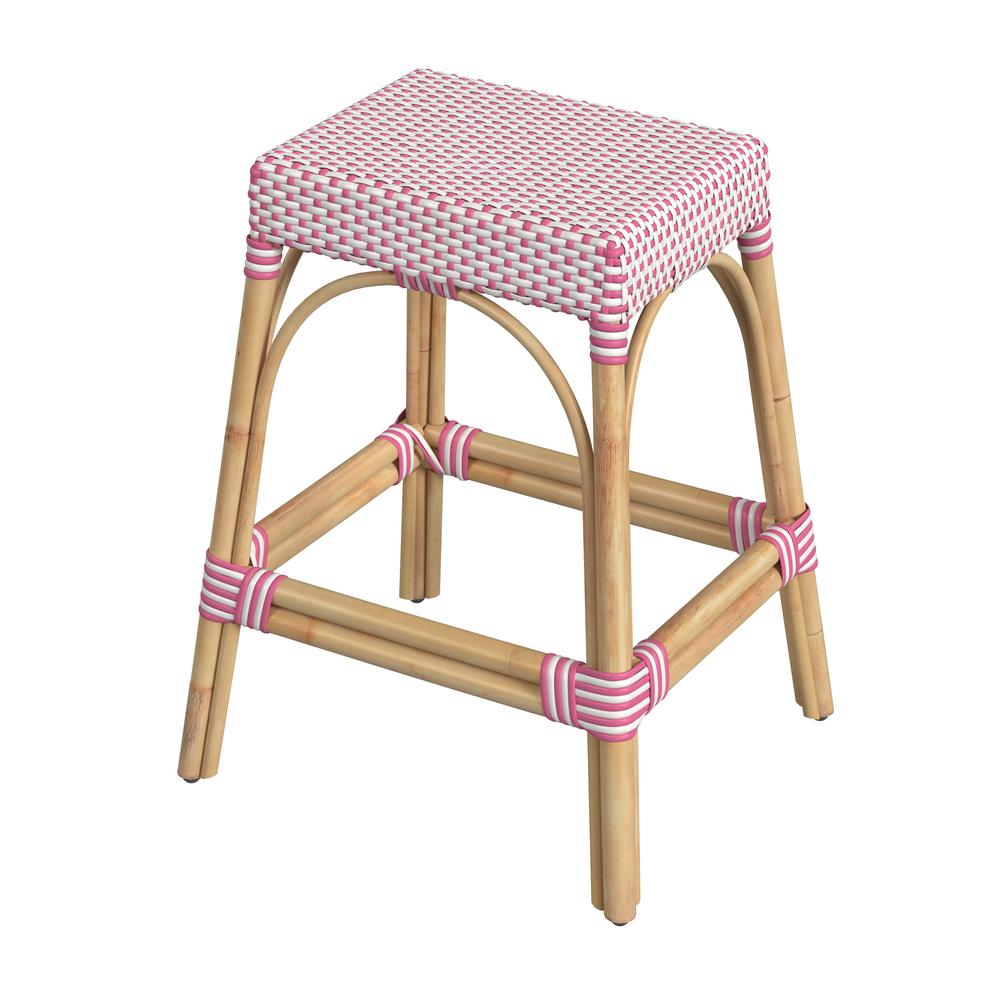 Robias Rectangular Rattan 24.5" Counter Stool, White and Pink Dot. Picture 1