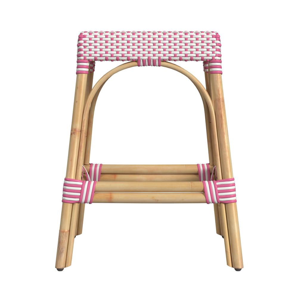 Robias Rectangular Rattan 24.5" Counter Stool, White and Pink Dot. Picture 2