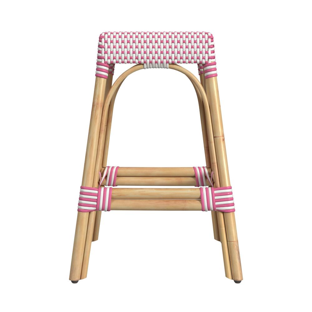 Robias Rectangular Rattan 24.5" Counter Stool, White and Pink Dot. Picture 3