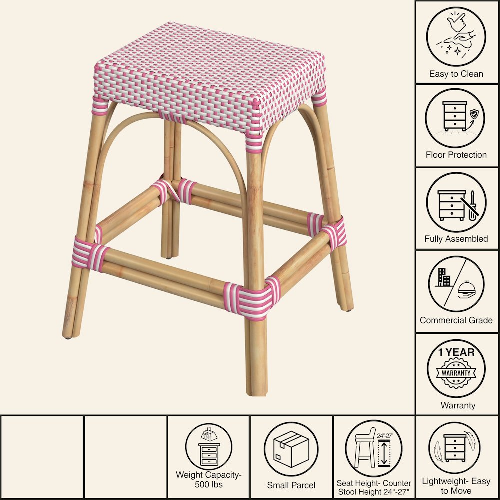 Robias Rectangular Rattan 24.5" Counter Stool, White and Pink Dot. Picture 7