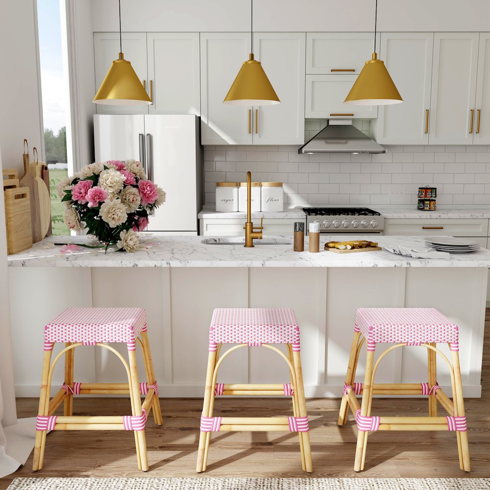 Robias Rectangular Rattan 24.5" Counter Stool, White and Pink Dot. Picture 6
