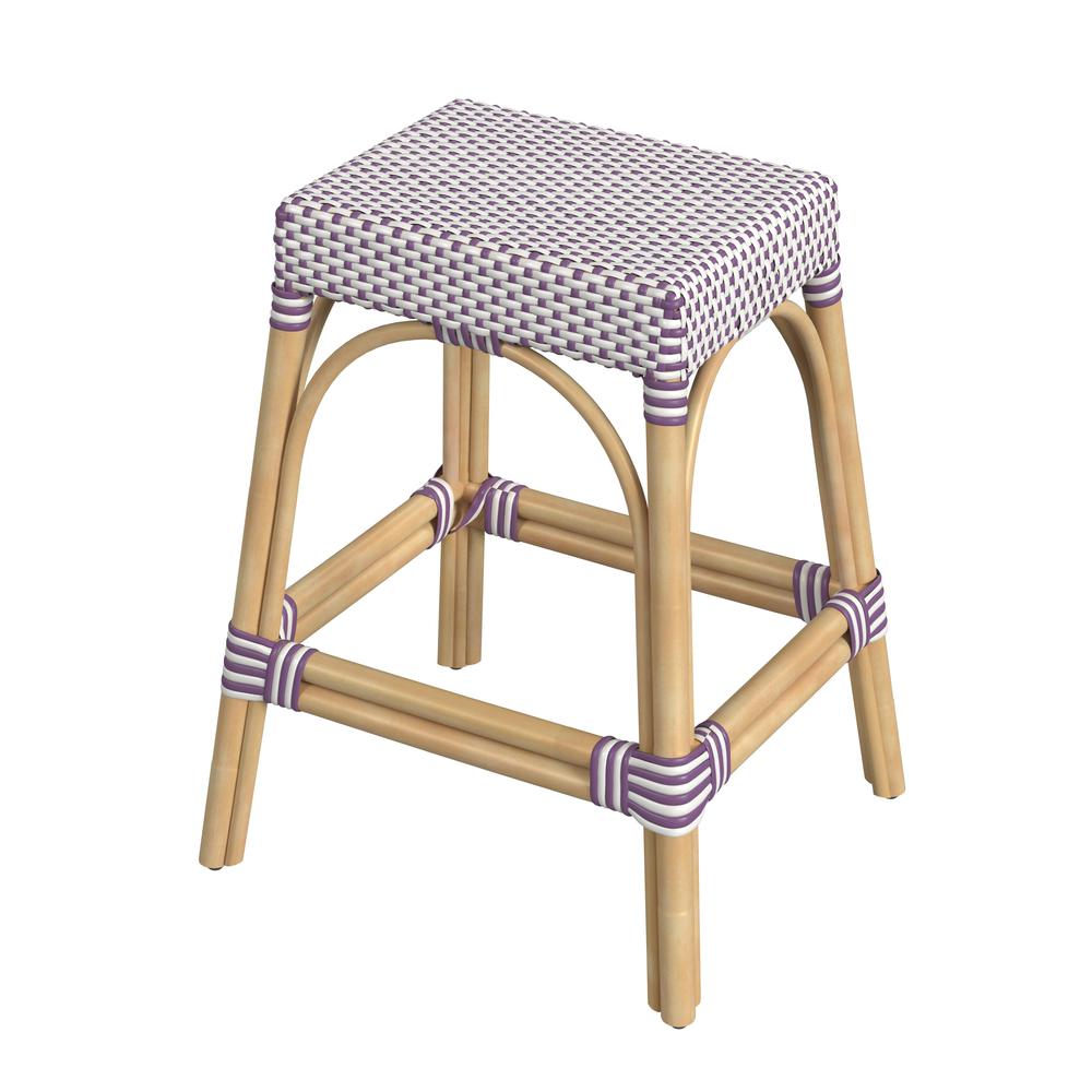 Robias Rectangular Rattan 24.5" Counter Stool, White and Purple Dot. Picture 1