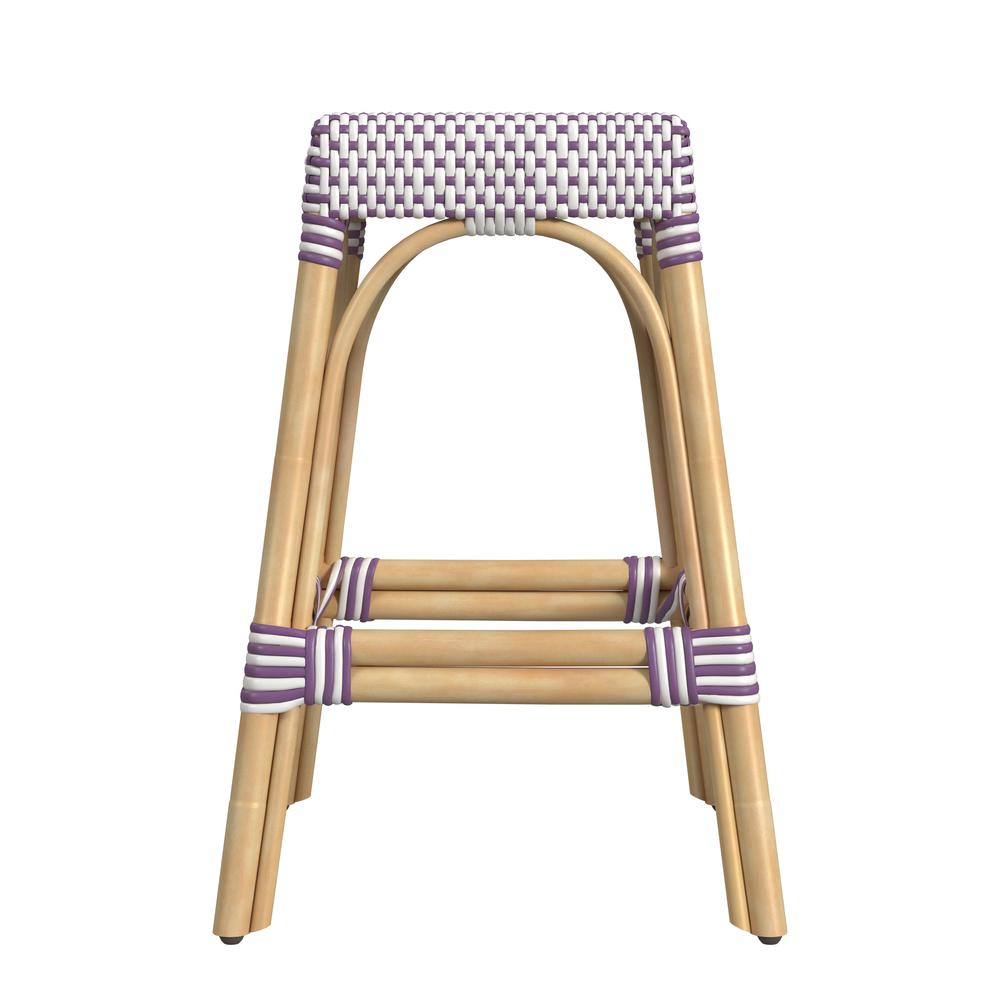 Robias Rectangular Rattan 24.5" Counter Stool, White and Purple Dot. Picture 3