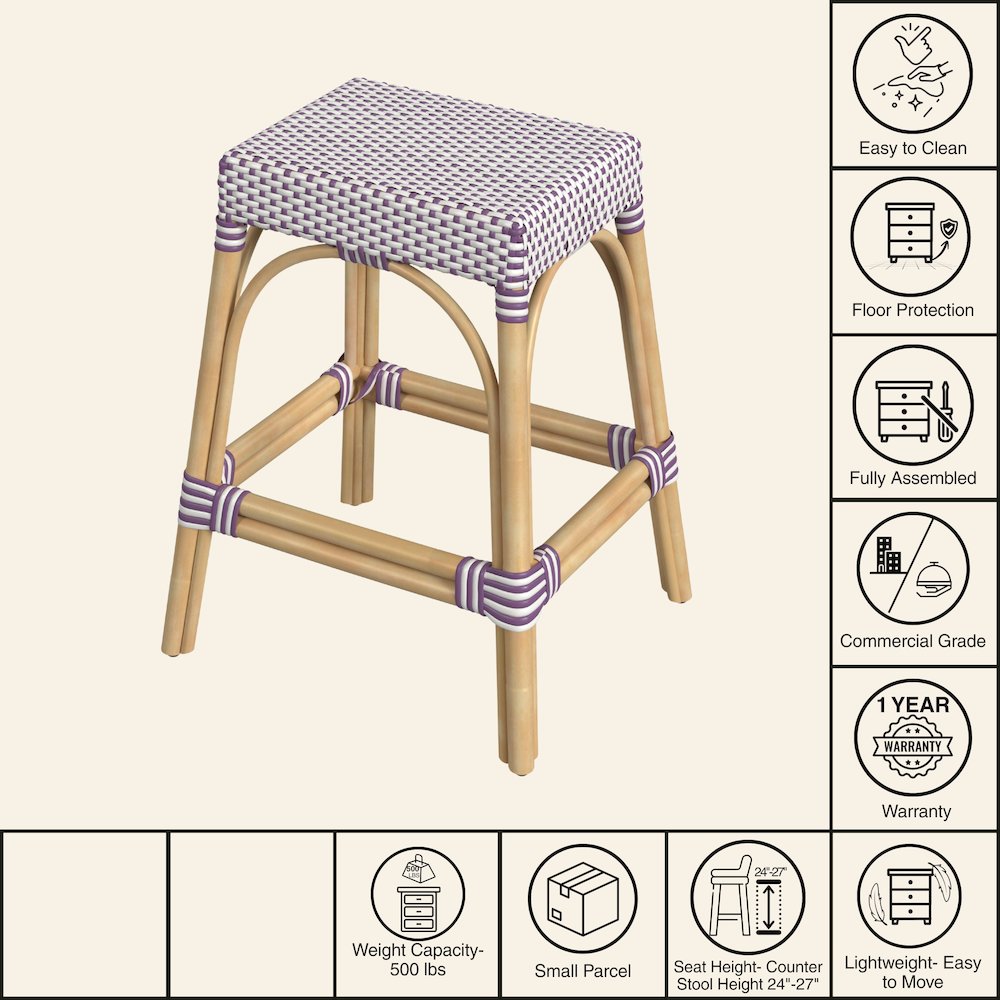 Robias Rectangular Rattan 24.5" Counter Stool, White and Purple Dot. Picture 7