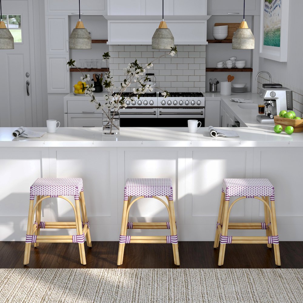 Robias Rectangular Rattan 24.5" Counter Stool, White and Purple Dot. Picture 6