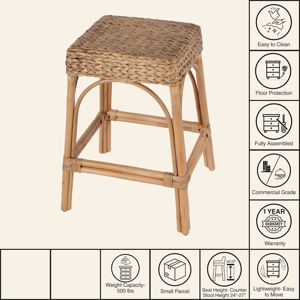 Robias 24.5" Rectangular Rattan and Water Hyacinth Counter Stool, Light Brown. Picture 7