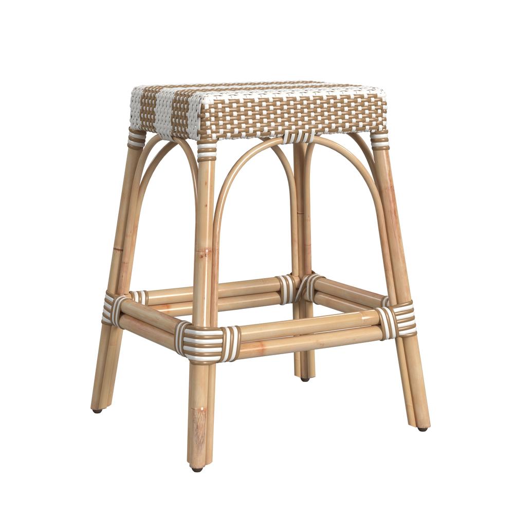 Robias Rectangular Rattan 24.5" Counter Stool, Tan and White Stripe. Picture 1